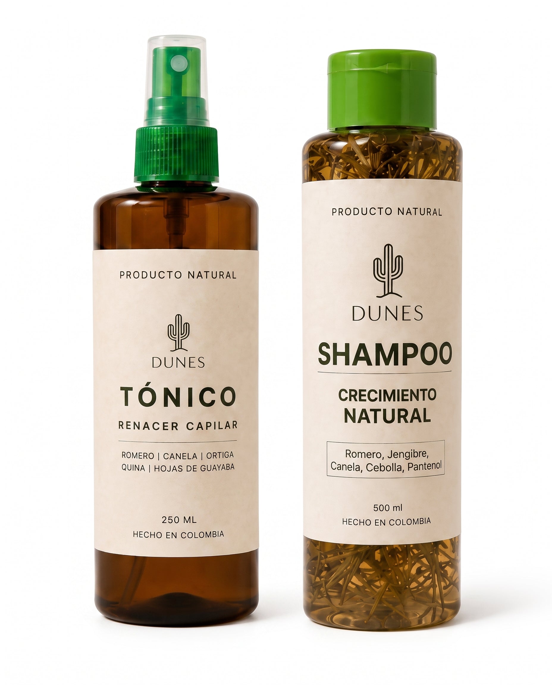 Dos productos capilares naturales marca DUNES sobre fondo blanco. A la izquierda, Tónico Renacer Capilar en botella ámbar con atomizador (250 ml). A la derecha, Shampoo Crecimiento Natural (500 ml) que deja ver ramas de romero en su interior.