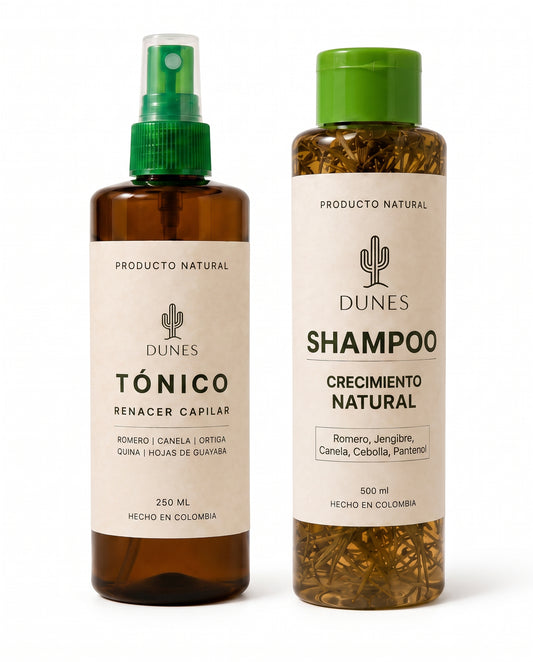 Dos productos capilares naturales marca DUNES sobre fondo blanco. A la izquierda, Tónico Renacer Capilar en botella ámbar con atomizador (250 ml). A la derecha, Shampoo Crecimiento Natural (500 ml) que deja ver ramas de romero en su interior.