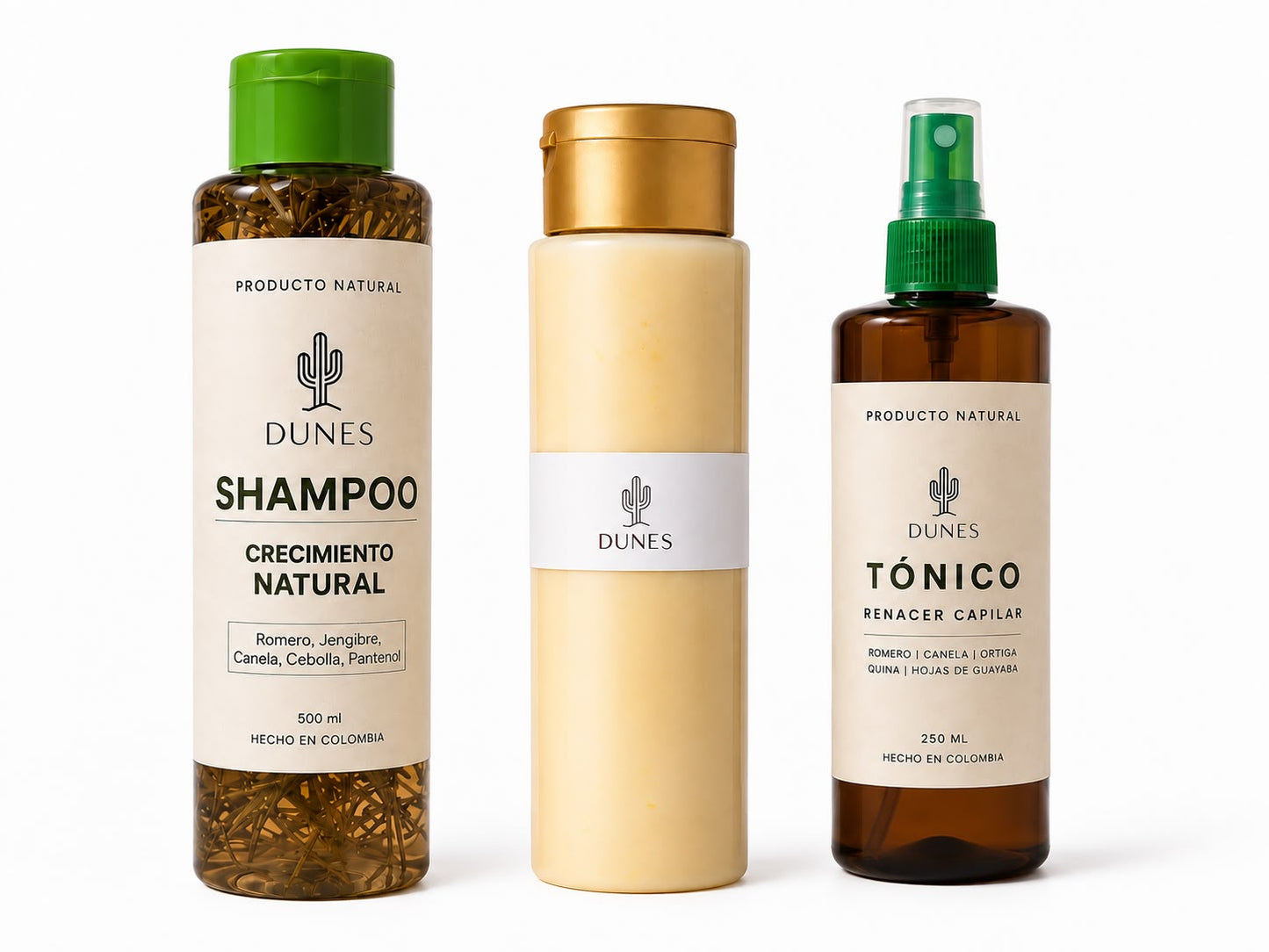 Kit de 3 productos capilares naturales marca Dunes: Shampoo de crecimiento, crema capilar y Tónico Renacer Capilar con romero.