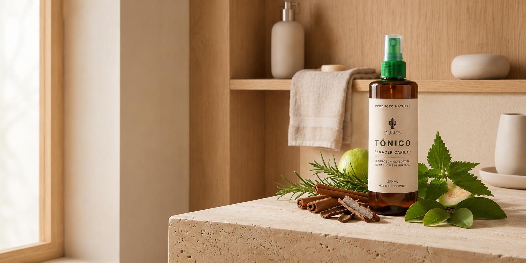 Tónico capilar natural Dunes de 250 ml con romero, canela, ortiga, quina y hojas de guayaba